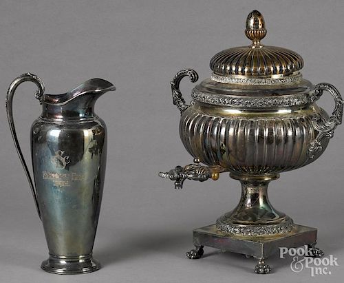 English silver-plated hot water urn, 17 1/2'' h., and pitcher, 12 1/2'' h.