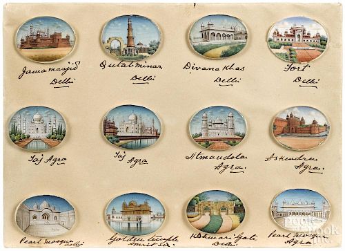 Set of twelve miniature watercolor on ivory roundels, late 19th c., of Indian architecture