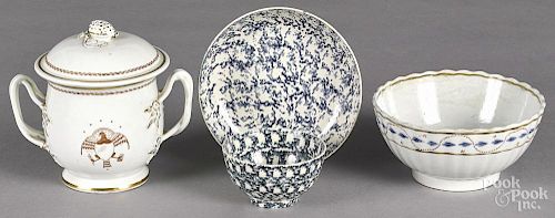 Pearlware blue sponge cup and saucer, 19th c., together with a bowl