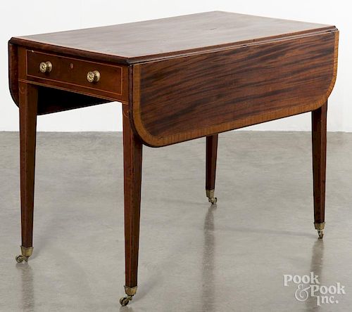 George III inlaid mahogany Pembroke table, late 18th c., 28'' h., 21'' w., 37'' d.