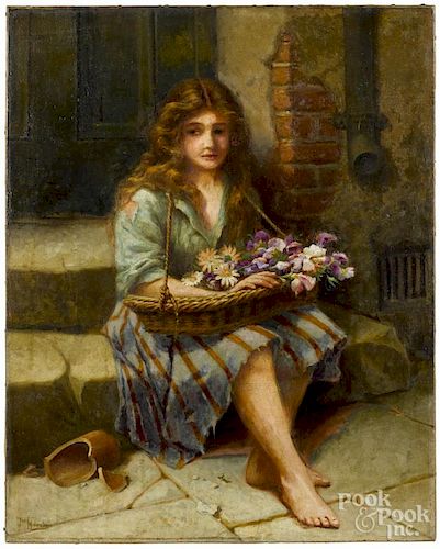 Oil on canvas peasant girl with flowers, ca. 1900, signed Fred Walmsley lower left, 30'' x 24''.