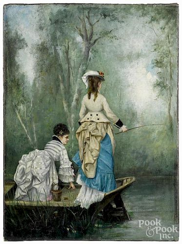 French oil on canvas of two women in a boat, 19th c., 23 1/2'' x 17 1/4''.