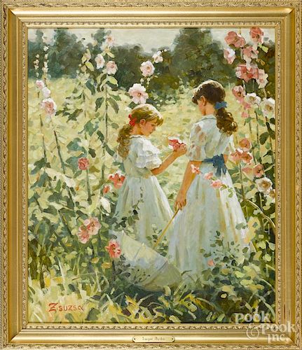 Zsuzsa Furka (20th c.), oil on panel of two girls in a field of flowers, signed lower left