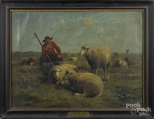 David Col and Cornelius van Leemputten (Belgian 19th c.), oil on canvas landscape with a shepherd