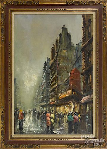 Oil on canvas street scene, mid 20th c., signed Ferrett, 36'' x 24''.