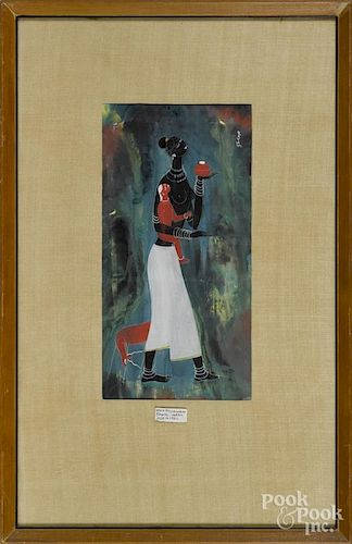 Rasik Raval (Indian 1928-1980), gouache of a mother and child, signed upper right, 14'' x 7''.