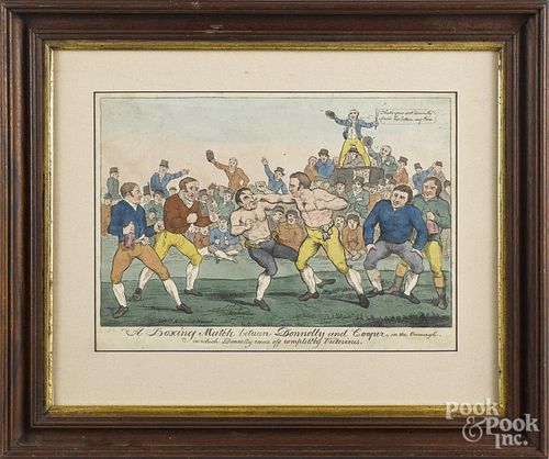 English color engraving of a boxing match, ca. 1800, 8'' x 12 1/4''.