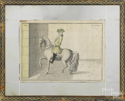 Pair of French color engravings of men on horseback, ca. 1800, 8 1/2'' x 11 1/2''.