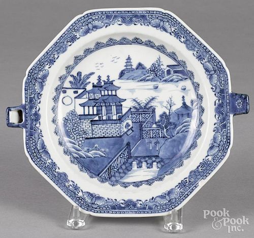 Chinese export blue and white porcelain warming dish, 19th c., 9'' l., 10 1/2'' w.