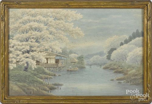 Japanese watercolor river landscape, signed lower left, 12 3/4'' x 19 1/2''.