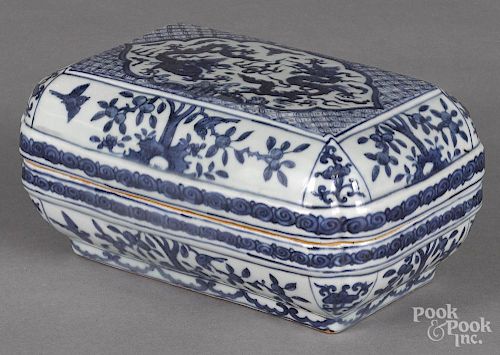 Chinese blue and white porcelain covered box, 4 1/4'' h., 8 3/4'' w.