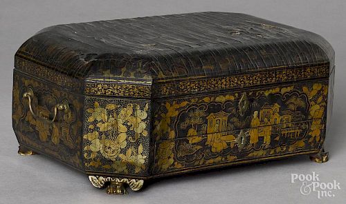 Chinese black lacquer sewing box, 19th c., with a fitted interior and ivory accoutrements, 6'' h.