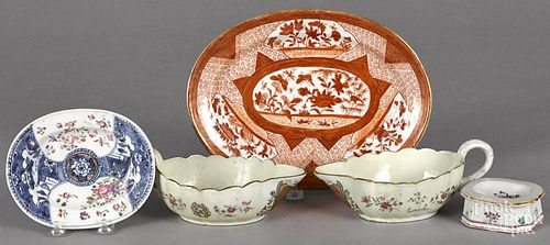 Five pieces of Chinese export porcelain, 18th/19th c., to include a pair of armorial gravy boats.