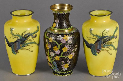 Pair of Chinese yellow ground cloisonné vases, 8'' h., together with a single vase, 9'' h.