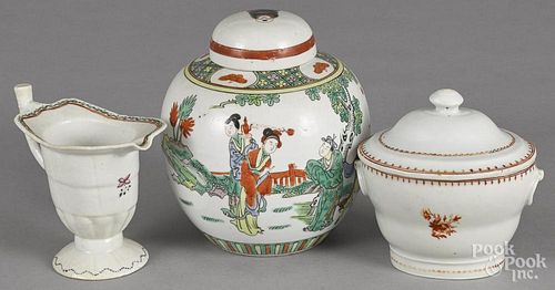 Chinese export porcelain helmet creamer, 19th c., together with a ginger jar and a covered sugar.