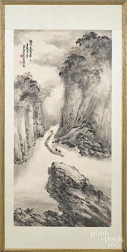 Oriental watercolor scroll, 52'' x 26''.