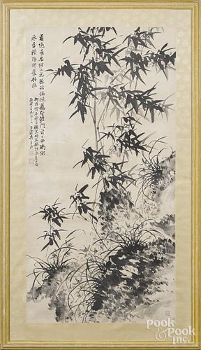 Oriental watercolor scroll, 53'' x 26 1/2''.