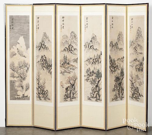 Oriental six-part folding screen with watercolor scrolls mounted on each panel, 68 1/2'' x 62''.