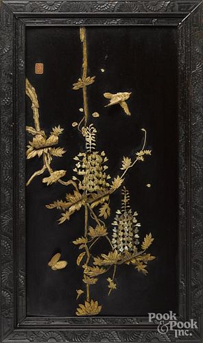 Chinese plaque, ca. 1900, with carved appliqué flowers and birds, 41 1/2'' x 24 3/4''.