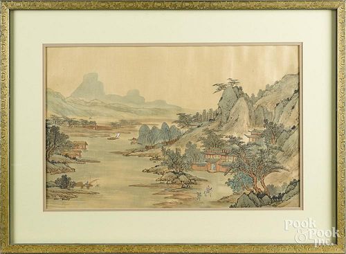 Pair of Japanese watercolor on silk landscapes, early 20th c., 14'' x 22''.