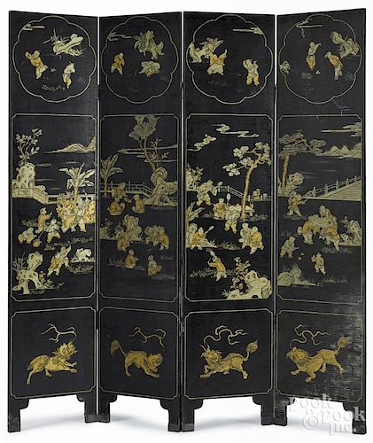 Chinese black lacquer four-part folding screen, late 19th c., 72 1/4'' h., 64'' w.