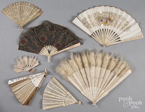 Hand fans, to include several Chinese carved ivory examples.