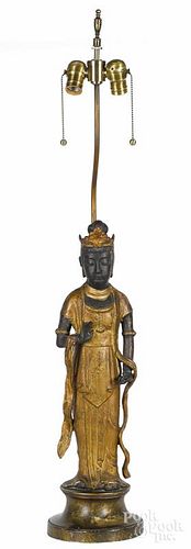 Cast iron Guanyin table lamp, 20th c., 20 1/4'' h.