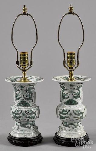 Pair of Chinese porcelain dragon vase table lamps, early 20th c., 8 3/4'' h.