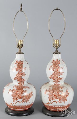Pair of Chinese export porcelain double-gourd table lamps, early 20th c., 18'' h.