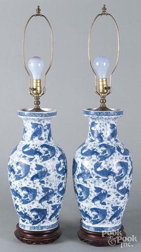 Pair of blue and white export porcelain table lamps, 20th c., 17 1/2'' h.