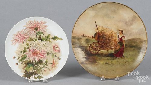 Two painted milk glass plaques, 19th c., 12'' dia. and 10'' dia.