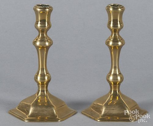 Pair of Queen Anne brass candlesticks, 18th c., 6 1/4'' h.