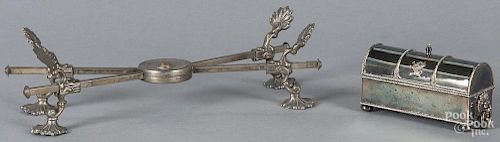 English silver-plated inkwell, 2 1/2'' h., 5 1/4'' w., together with a dish cross, 3 1/4'' h.