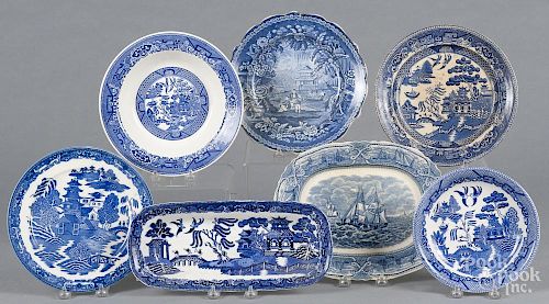 Seven pieces of blue and white porcelain, to include a Marine pattern small platter, 8 1/2'' l.