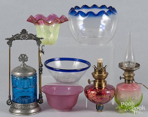 Miscellaneous glass, to include lamp parts, a pickle castor, etc.
