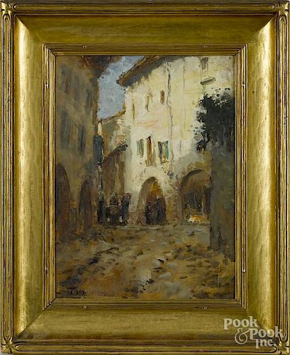 Italian oil on board street scene, titled Asola, signed indistinctly lower left and dated verso