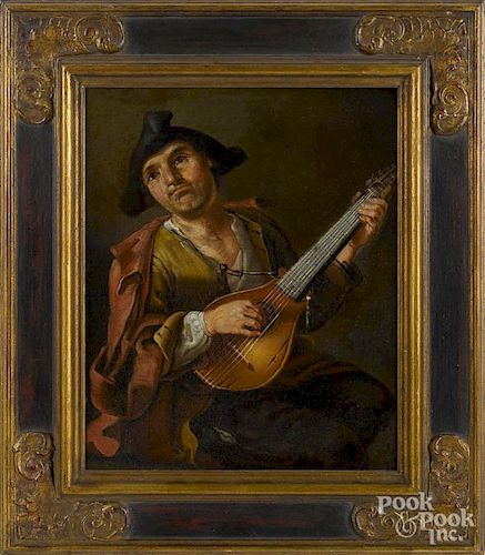 Continental oil on canvas, 19th c., of a man with a mandolin, 15 1/2'' x 13''.