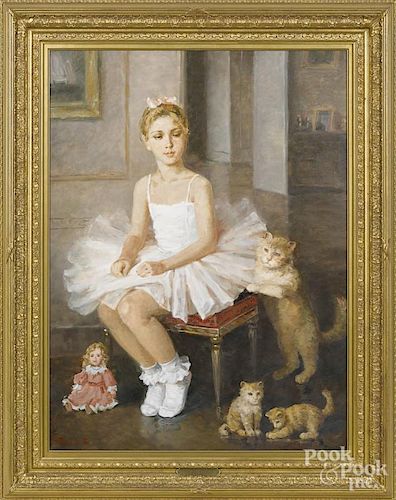 Zsuzsa Furka, 20th c., oil on canvas of a young ballerina, signed lower left, 40'' x 30''.