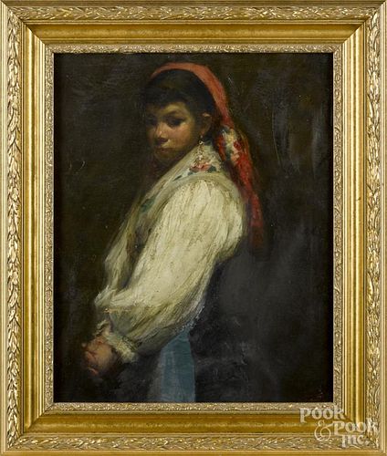 Oil on canvas, 19th c., of a gypsy woman, 21'' x 17''.