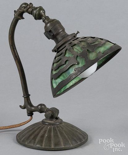 Patinated bronze piano lamp, early 20th c., probably Handel, with a green slag glass shade