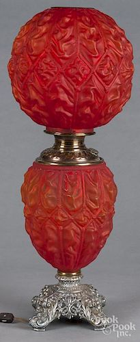 Red satin glass ''Gone with the Wind'' lamp, 27'' h.