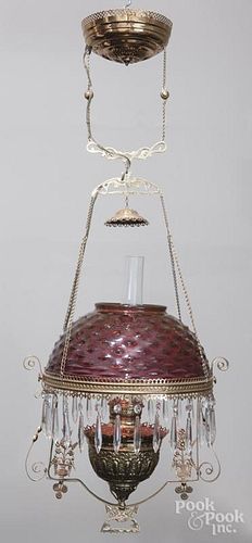 Victorian brass hanging light with a red hobnail shade, 14'' dia.
