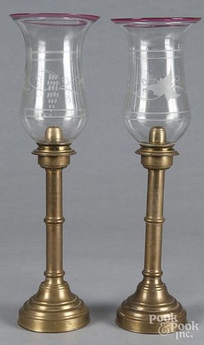 Pair of brass candleholders, late 19th c., with etched glass shades, 19 1/4'' h.