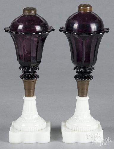 Pair of amethyst and clambroth fluid lamps, 19th c., 12 3/4'' h. and 13 1/4'' h.