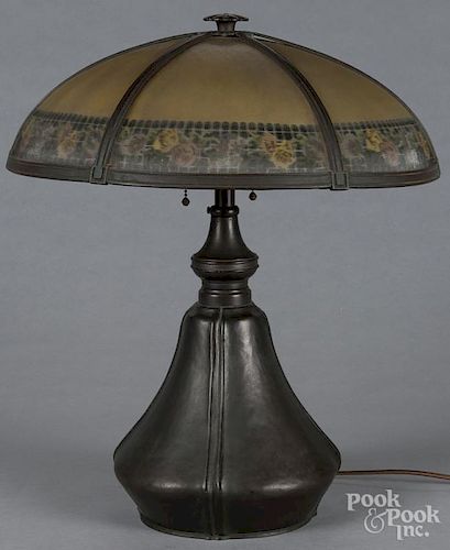 Patinated bronze table lamp, early 20th c., with a reverse painted shade, 22'' h.