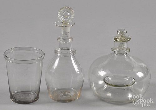 Colorless glass decanter, 19th c., 11'' h., together with a flip and a flycatcher.