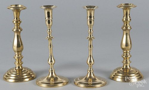 Two pairs of brass candlesticks, late 19th c., 10 1/2'' h. and 10 3/4'' h.