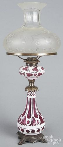 White opalescent and cranberry cut glass lamp, late 19th c., 28 1/2'' h.
