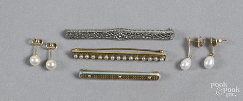 Two 14K yellow gold and seed pearl bar brooches, early 20th c.