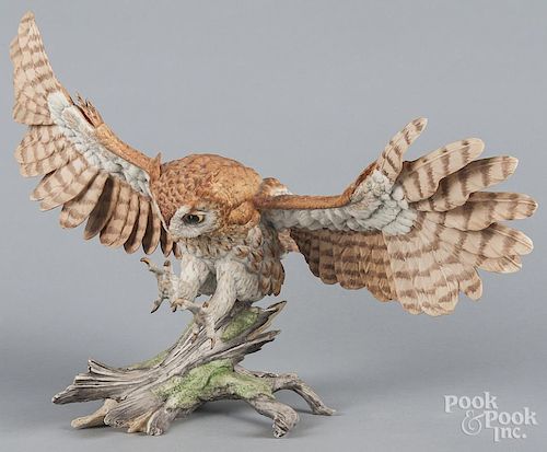 Boehm porcelain screech owl, 20th c., 14 1/4'' h., 22'' w.